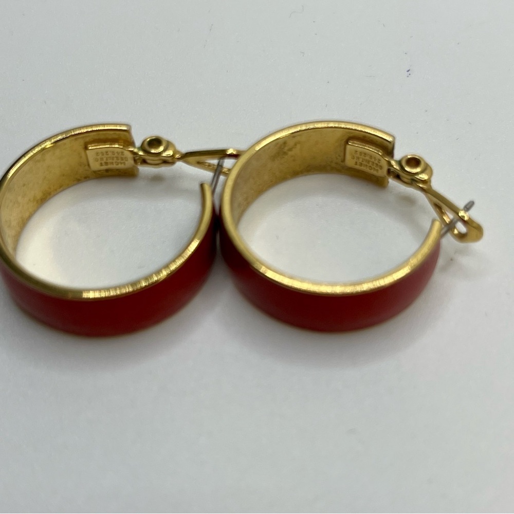Signed Monet Earrings Red & Gold Enamel HoopsClassic 80s/90s Style - Picture 4 of 6